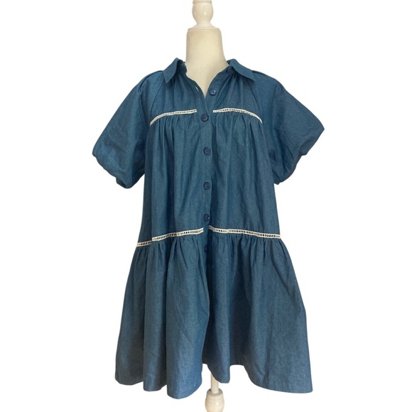 En Saison Tuckernuck Tara Puff Sleeve Tiered Babydoll Dress NWOT Cotton Denim - Picture 7 of 10